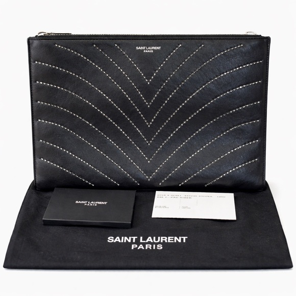 Saint Laurent Handbags - Saint Laurent Black Leather & Rhinestone Large Clutch Pouch Handbag RARE